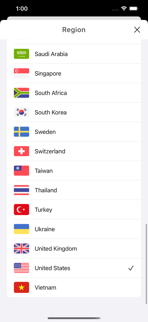 Trends on Google Trends - Googleトレンドアプリの画面に国リストが表示され、米国が選択されている