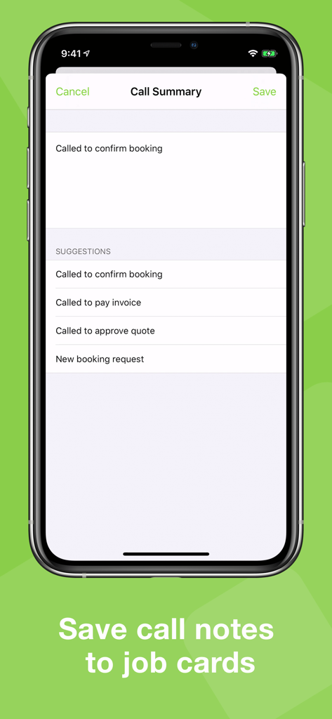 Interfaz de la aplicación ServiceM8 Phone que muestra la pantalla de resumen de llamadas con sugerencias para guardar notas en las tarjetas de trabajo.
