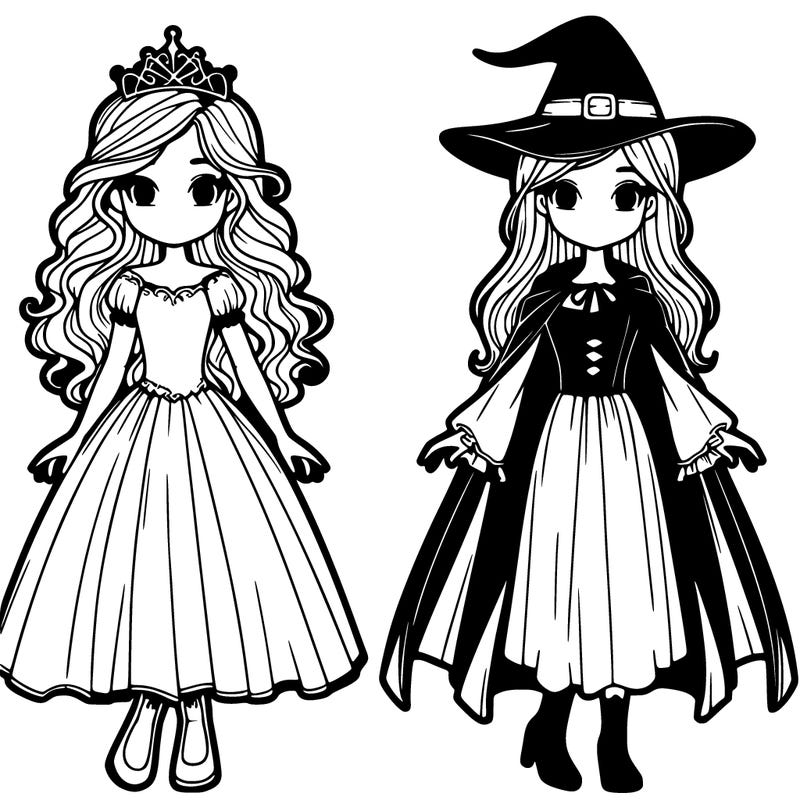 two realistic girls side by side, one a witch one a princess