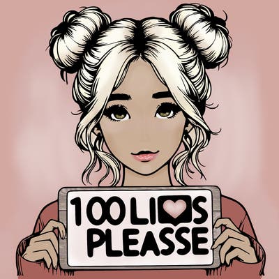 realistic girl with buns in her hair with a sign that says 100 likes please