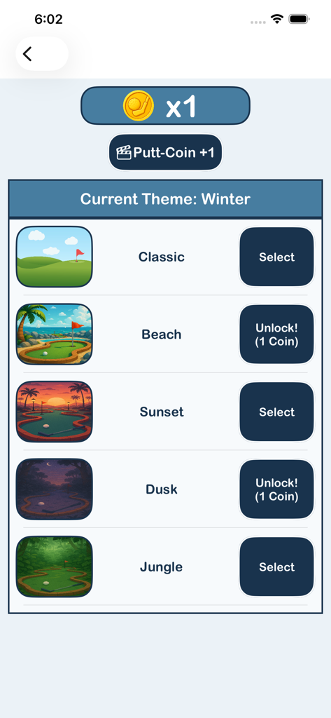 Mini-Golf Score Card - Theme selection screen in Mini Golf Score Card app showing different course styles like Classic Beach and Jungle