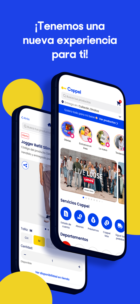 Coppel: compras en línea - Dos teléfonos inteligentes que muestran la interfaz actualizada de la aplicación móvil de Coppel para compras en línea y gestión de cuentas.