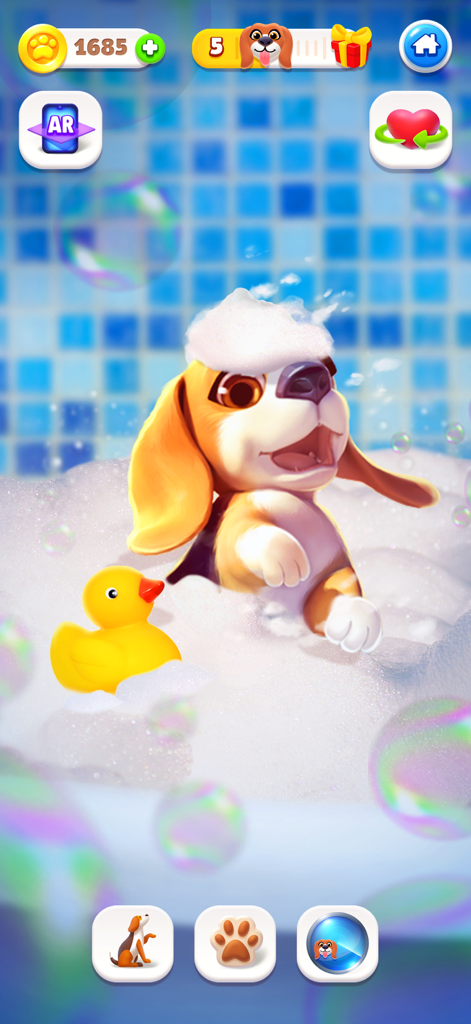 Cute virtual puppy taking a bubble bath with a yellow rubber duck