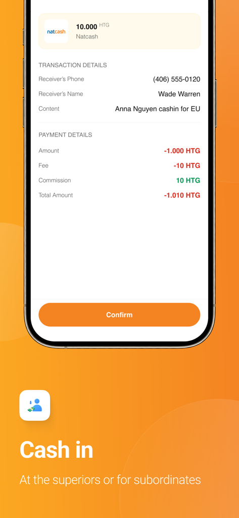 Pantalla de confirmación de transacción para una operación de depósito en la aplicación Agente Natcash mostrando detalles del destinatario y el monto en HTG.