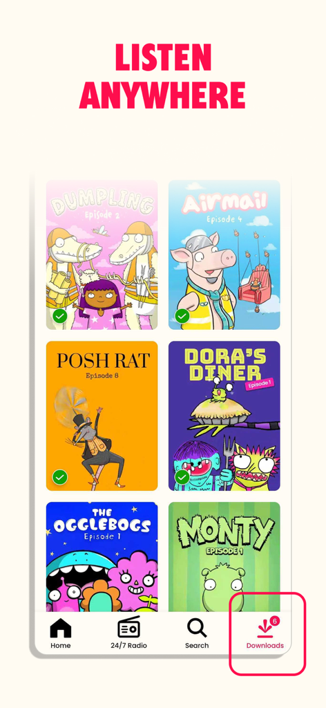 A library of children's audiobook series in the Sooper Books app interface with the downloads button highlighted for offline listening.