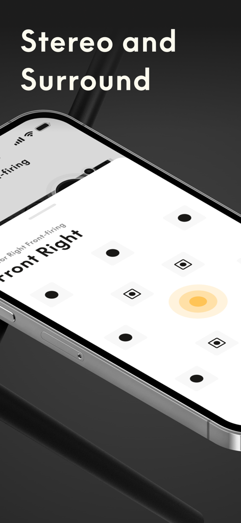 Bang and Olufsen app mostrando la configuración de altavoces de sonido estéreo y envolvente.