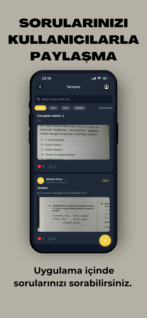 EKYS Kolay Müdür ve Müdür Yrd. - Mobile App-Oberfläche, die einen Forum-Bildschirm zeigt, auf dem Benutzer Fragen zur EKYS-Vorbereitung austauschen und diskutieren.