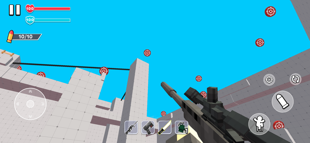 First person view of a pixelated sniper rifle aiming at targets in a blocky environment