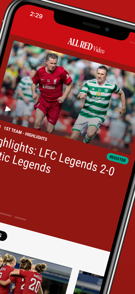 Screenshot of the ALL RED Video app showing Liverpool FC Legends match highlights