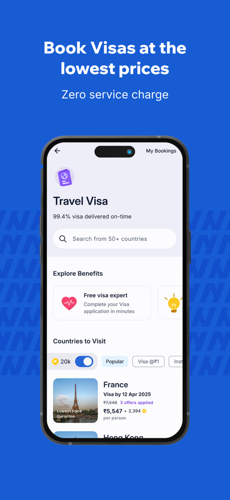 Niyo: Global cards for travel - Niyo app screen showing travel visa booking with zero service charges for international travelers.