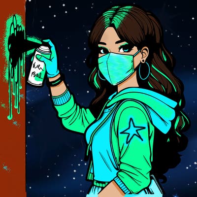 realistic girl with mask spray painting a wall