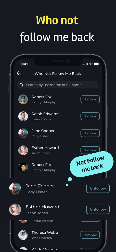 Reports Unfollowers +Followers - フォローバックしていないInstagramユーザーのリストとフォロー解除ボタンを表示する画面