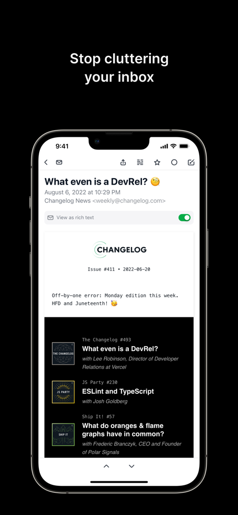 Feedbin app showing a minimalist view of an email newsletter on an iPhone.