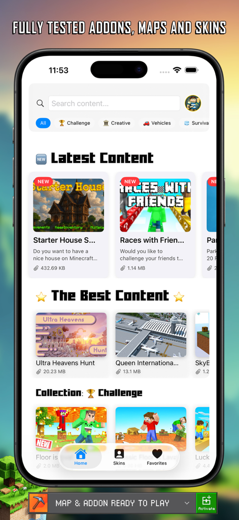 Master Craft for Minecraft PE - Tela inicial do aplicativo Master Craft para Minecraft PE mostrando os mapas e skins mais recentes e categorias de jogos