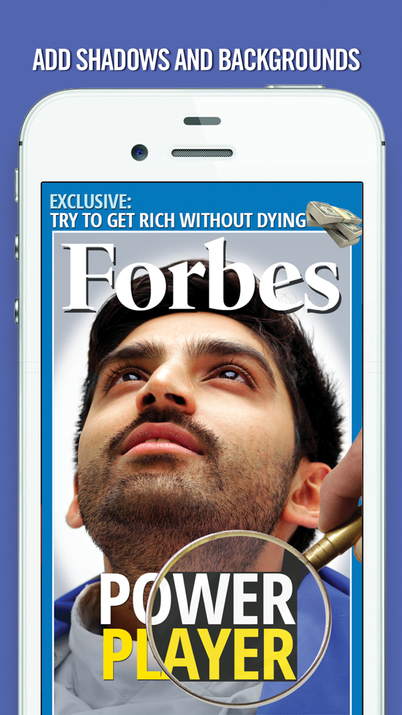 A fake Forbes magazine cover mockup with a man's portrait and custom headlines created using the Magazine Maker app.