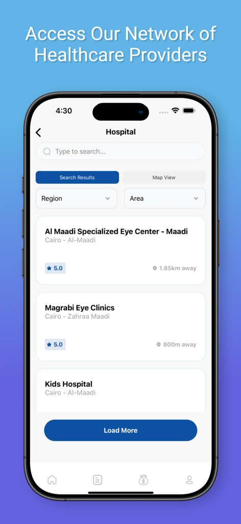 Unicare Egypt - Unicare Egypt app screen displaying a searchable list of healthcare providers and hospitals with ratings and distance