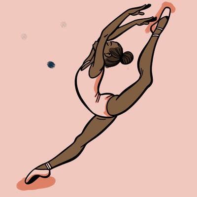 gymnast doing a leap in a leotard with a bent back leg