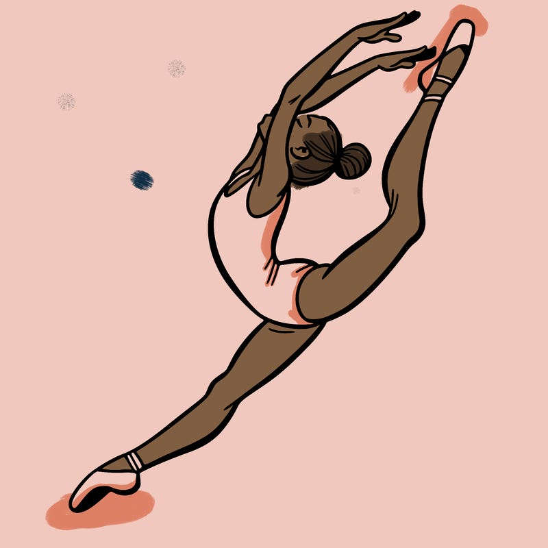 gymnast doing a leap in a leotard with a bent back leg