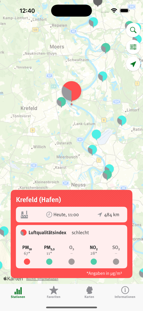 Luftqualität - Map interface of the Luftqualitaet app showing air quality measurement stations across Germany with details for Krefeld