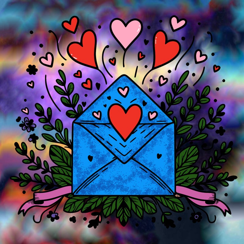 an envelope with hearts floating out of it, surrounded by floral accents or ribbons.