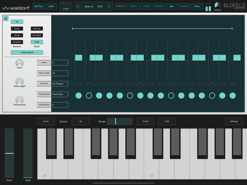 Blofeld - Waldorf Blofeld iPad app arpeggiator screen with pattern sequencer and virtual keyboard interface