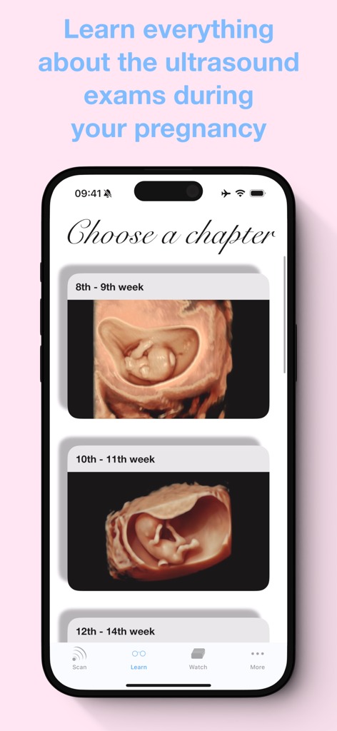 ScanBaby app screen displaying pregnancy chapters with 3D ultrasound images of fetal development