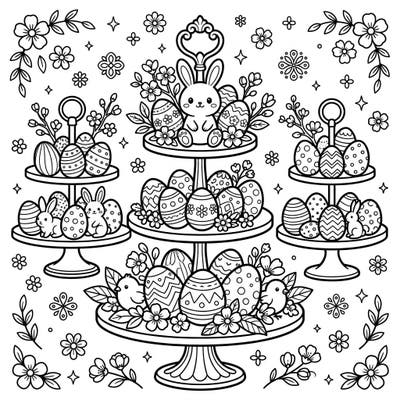 Get into the festive spirit with this adorable Easter-themed coloring page! It features charming tiered cake stands overflowing with beautifully decorated eggs, sweet bunnies, and blooming spring flowers.