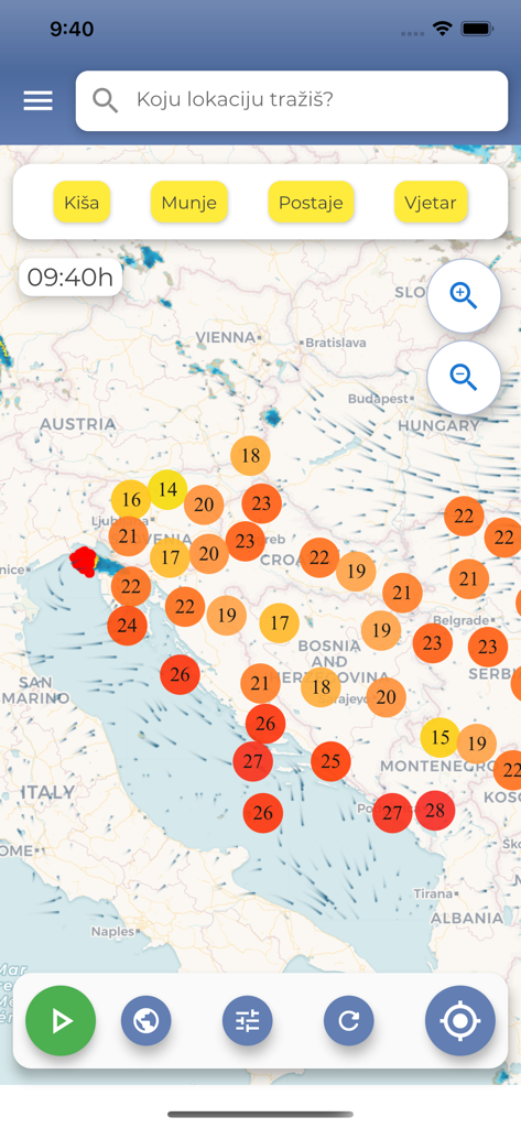 Neverin - Interactive weather map in Neverin app displaying temperature readings and wind direction over Croatia and the Adriatic region