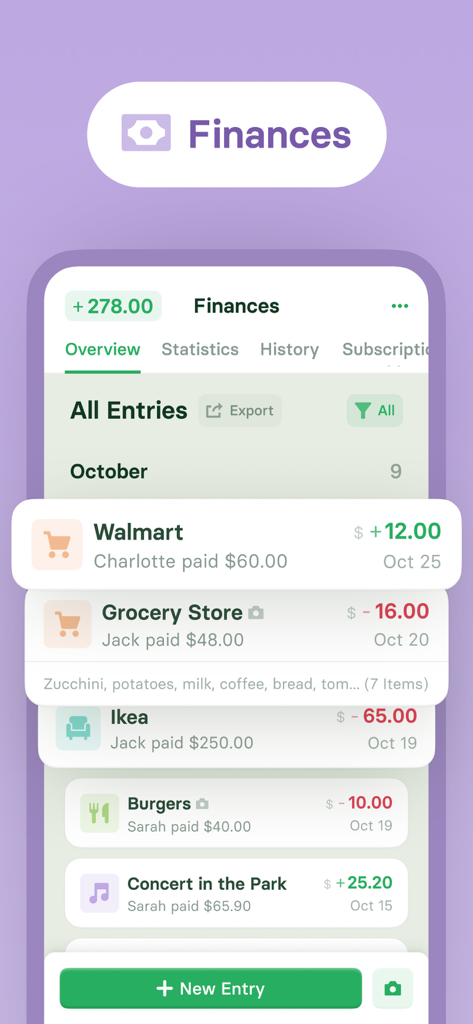 Flatastic: Households Manager - Flatastic app interface displaying a shared household expense tracker and bill history