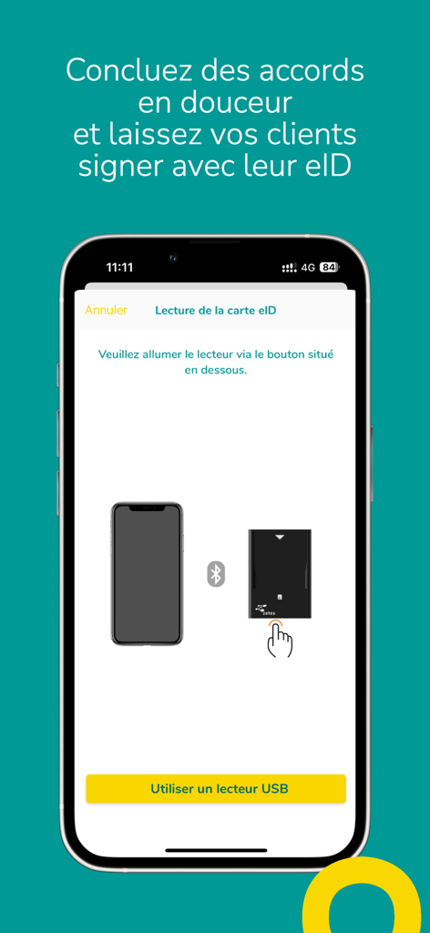 Brio Mobile - Brio Mobile app screen displaying instructions to connect a Bluetooth eID card reader for digital client signatures.