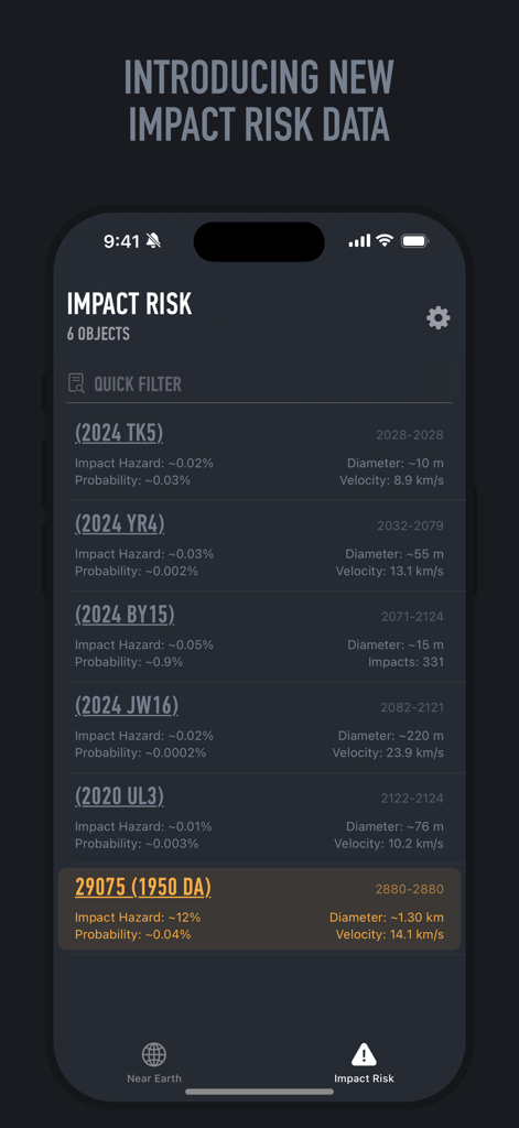 Near-Earth Asteroids Tracker - 地球近傍小惑星トラッカーアプリの衝突リスク画面に、危険率と科学データが表示された追跡小惑星のリストが表示されています。