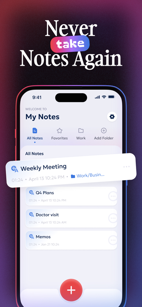 Notik: AI Note Taker - Notik AI Note Taker app interface displaying the My Notes dashboard with categorized meeting notes and records