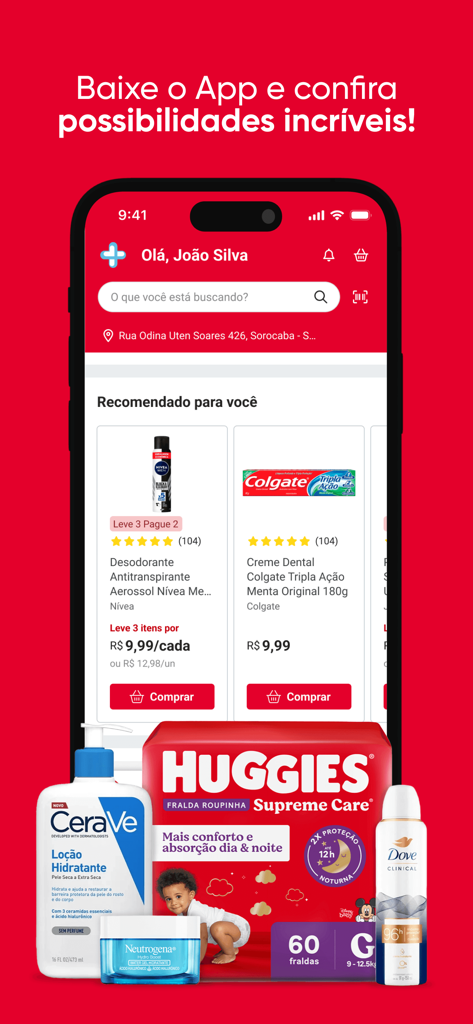 Drogarias Pacheco mobile app interface showing various personal care products like deodorant and toothpaste