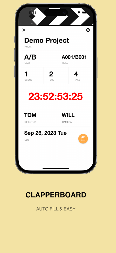 A smartphone displaying a digital clapperboard interface from the Previs Shot app with scene shot and take information