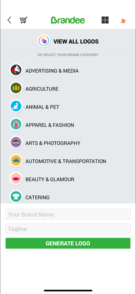 Brandeeアプリ画面、ファッションやビューティーなどのロゴカテゴリーと、ブランド名およびキャッチフレーズ入力フィールドが表示されています