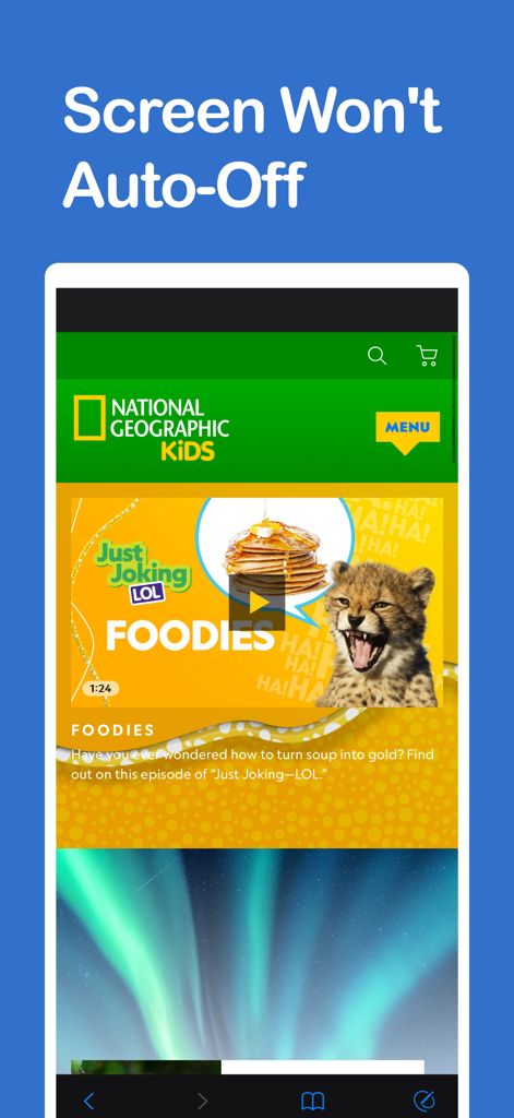 Kinder Browser App, die die National Geographic Kids Website mit einer Benachrichtigung über die Always-On-Screen-Funktion anzeigt