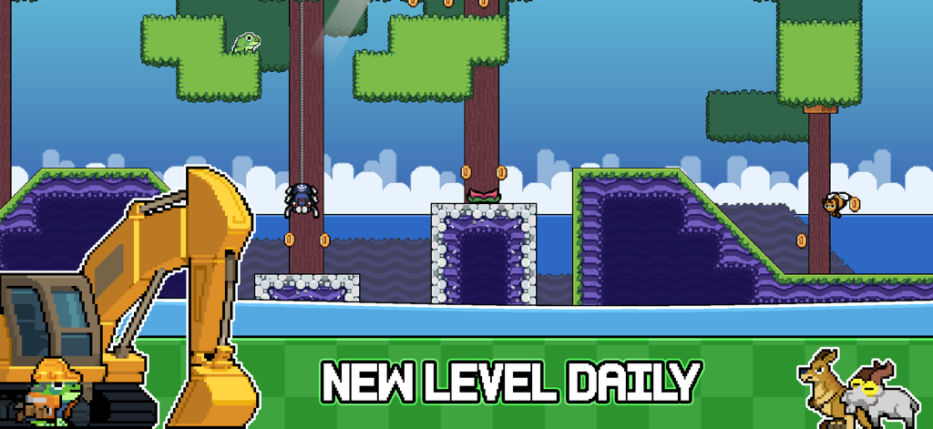 Nivel de plataformas de pixel art en Samago que muestra un personaje de rana entre obstáculos y el texto Nuevo Nivel Diario