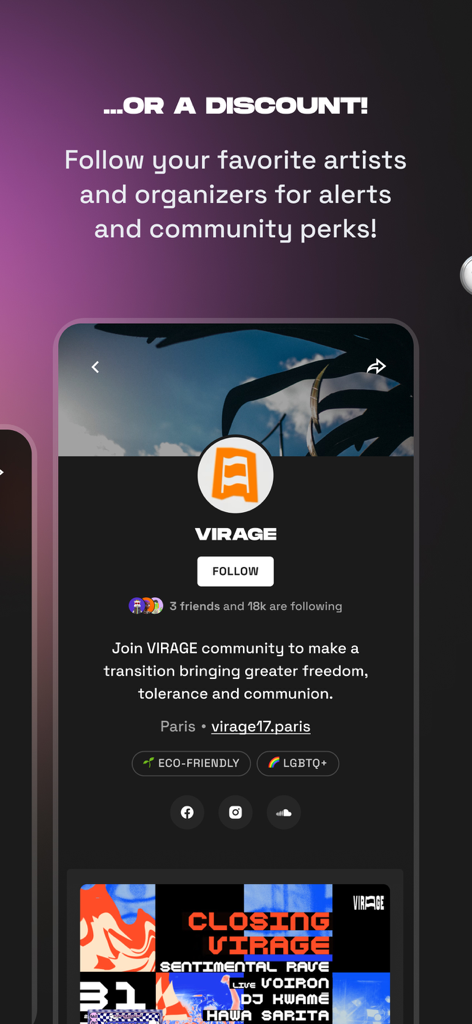 Shotgun: Live Music Experience - Interfaz de la aplicación Shotgun que muestra el perfil de un organizador con botón de seguir, etiquetas de comunidad y recuento de seguidores