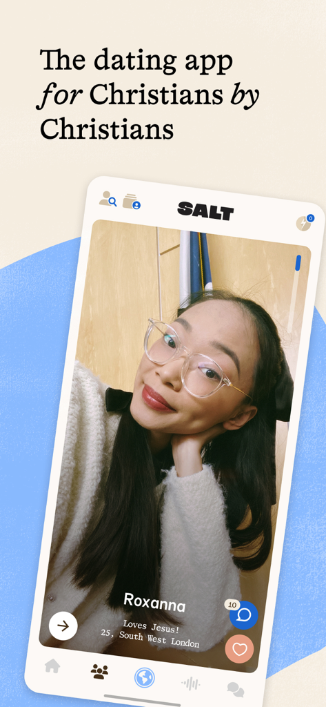 User profile view on the SALT Christian dating app showing the tagline for Christians by Christians