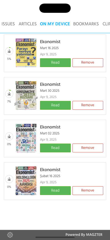 Ekonomist - List of downloaded magazine issues in the Ekonomist app showing options to read or remove items