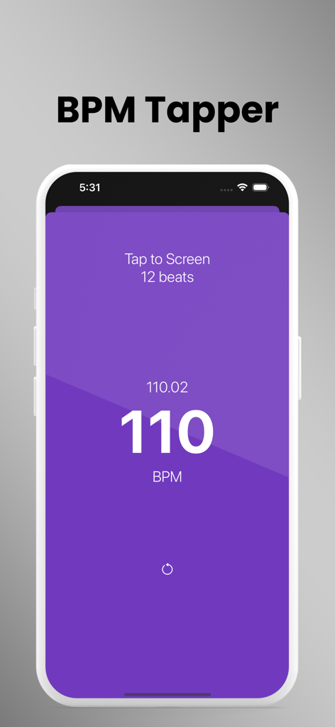 Drumify - Drum Loop Station - Interface do aplicativo Drumify mostrando o recurso de toque de BPM com um tempo de 110 BPM em um fundo roxo.