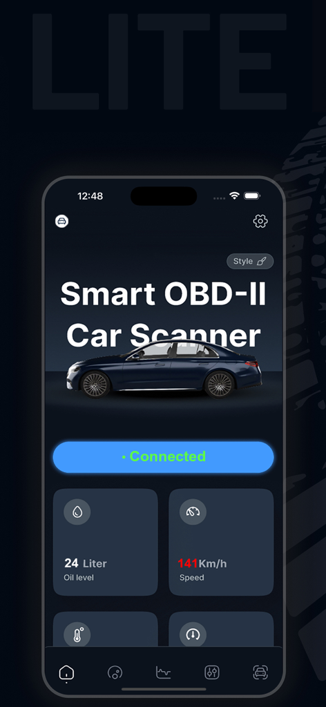 Interfaz principal de la aplicación Torque OBD2 Lite mostrando datos de diagnóstico del coche en tiempo real como nivel de aceite y velocidad