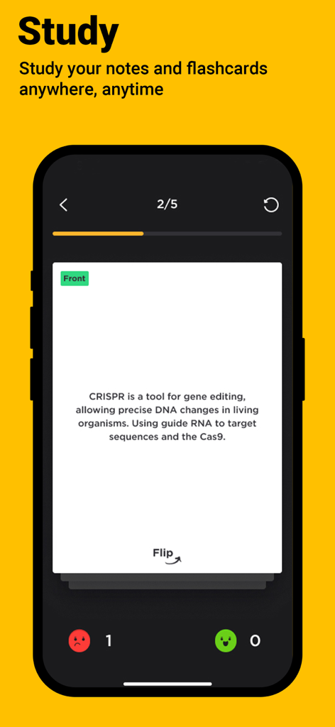 iPhone screen displaying a digital flashcard about CRISPR gene editing within the Five Star Study App.