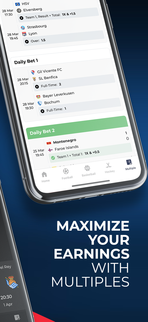 TejTips mobile app screen featuring daily sports betting predictions and multiple bets analysis