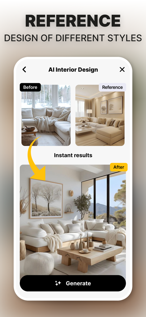 Interior Design - Home Remodel - AI interior design app interface showing before and after home remodel results
