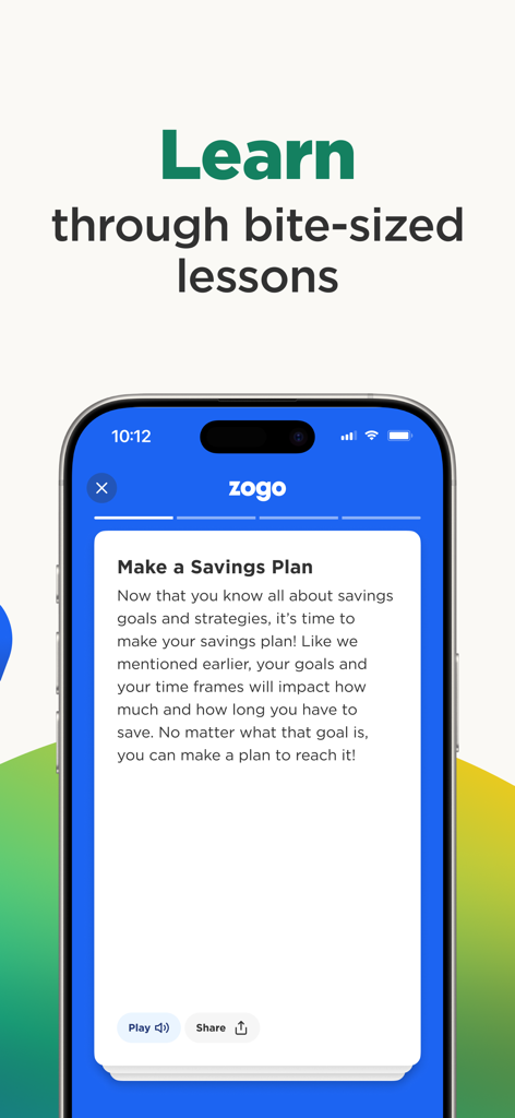 A mobile screen from the Zogo app showing a financial literacy lesson titled Make a Savings Plan.