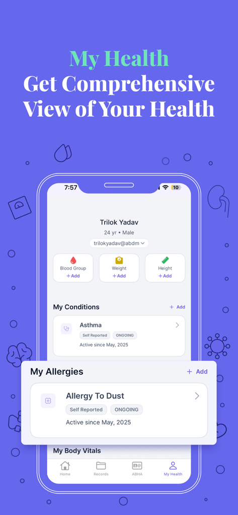 Dashboard für das persönliche Gesundheitsprofil der Eka Care App, das medizinische Zustände, Allergien und Vitalparameter anzeigt