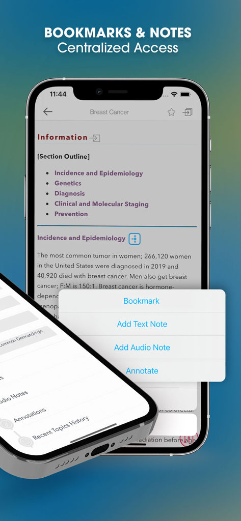 Harrison's Manual of Medicine app interface showing bookmarks and notes feature on a clinical topic page.