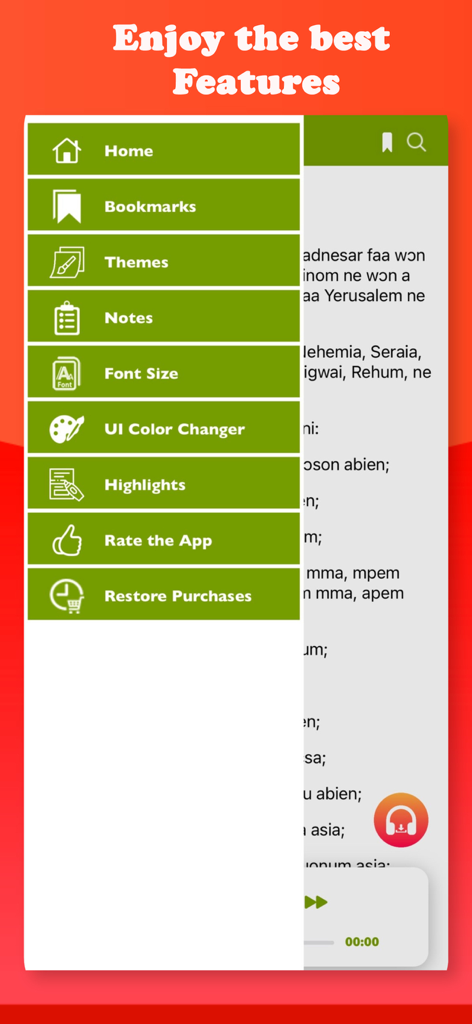 Twi Bible - Akuapem & Audio - Side menu of the Twi Bible Akuapem app showing navigation and customization features