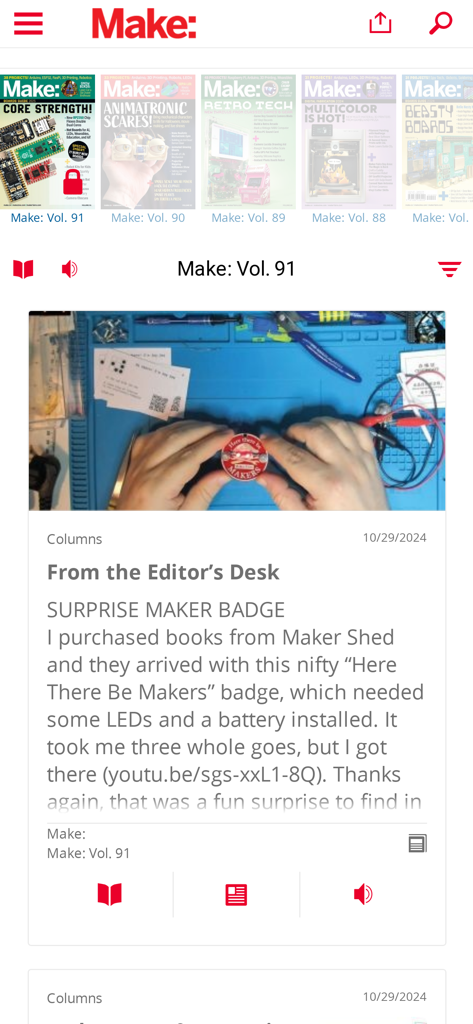 Interfaz de la aplicación Make Magazine mostrando un artículo de proyecto DIY y una biblioteca de números de revistas